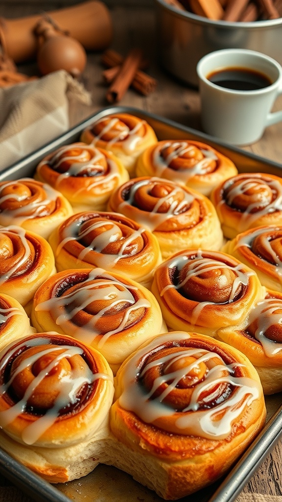 A tempting tray of golden-brown cinnamon rolls with icing, surrounded by kitchen elements.